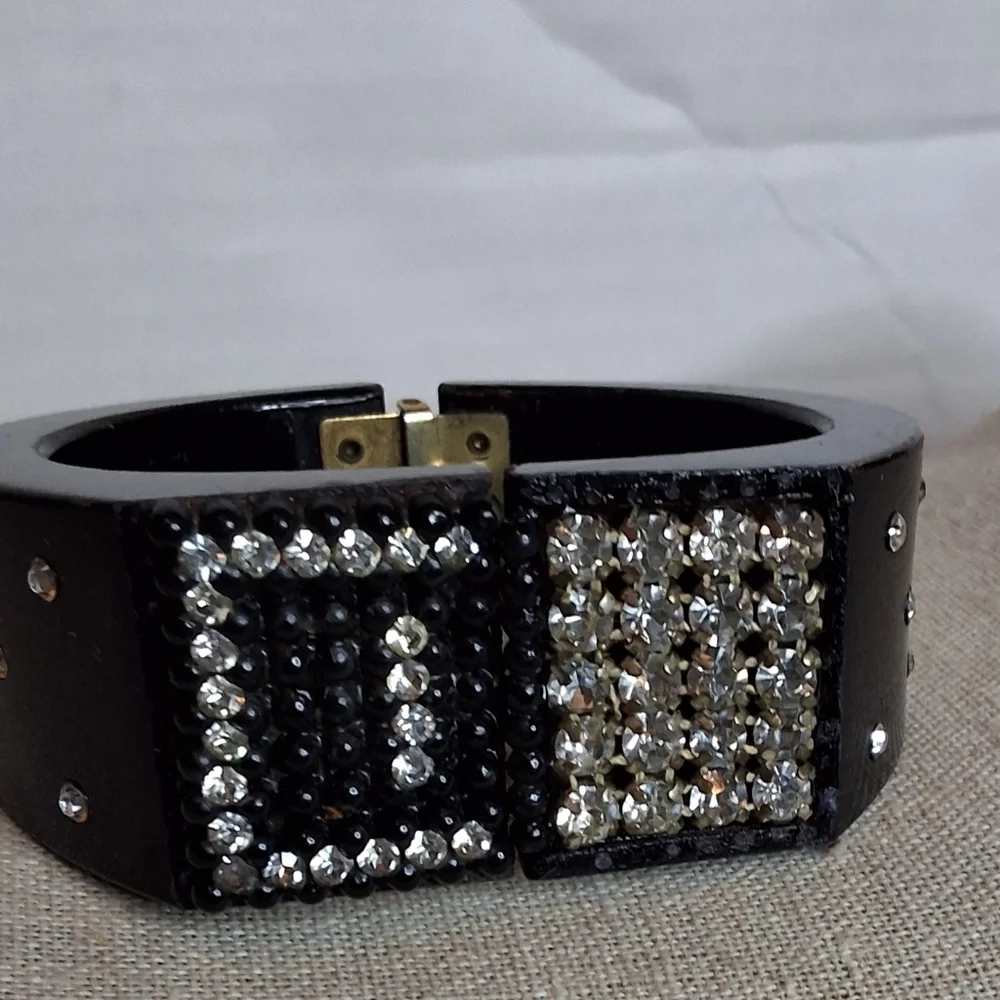 Vintage Black Rhinestone Cuff Bracelet Glam Statement Jewelry
